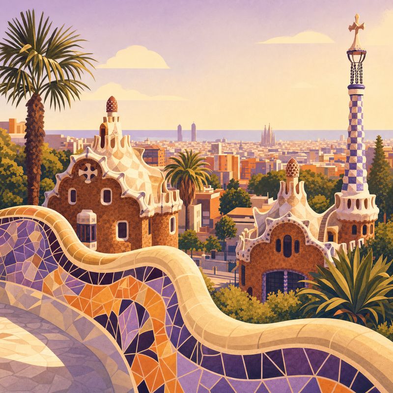 Park Güell mosaic terrace overlooking Barcelona